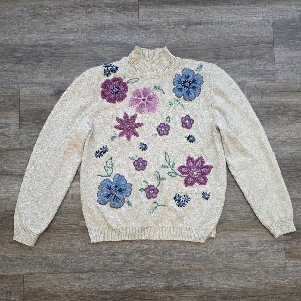 Alfred Dunner Vintage Floral Embroidered Mock Neck Sweater Cream Small